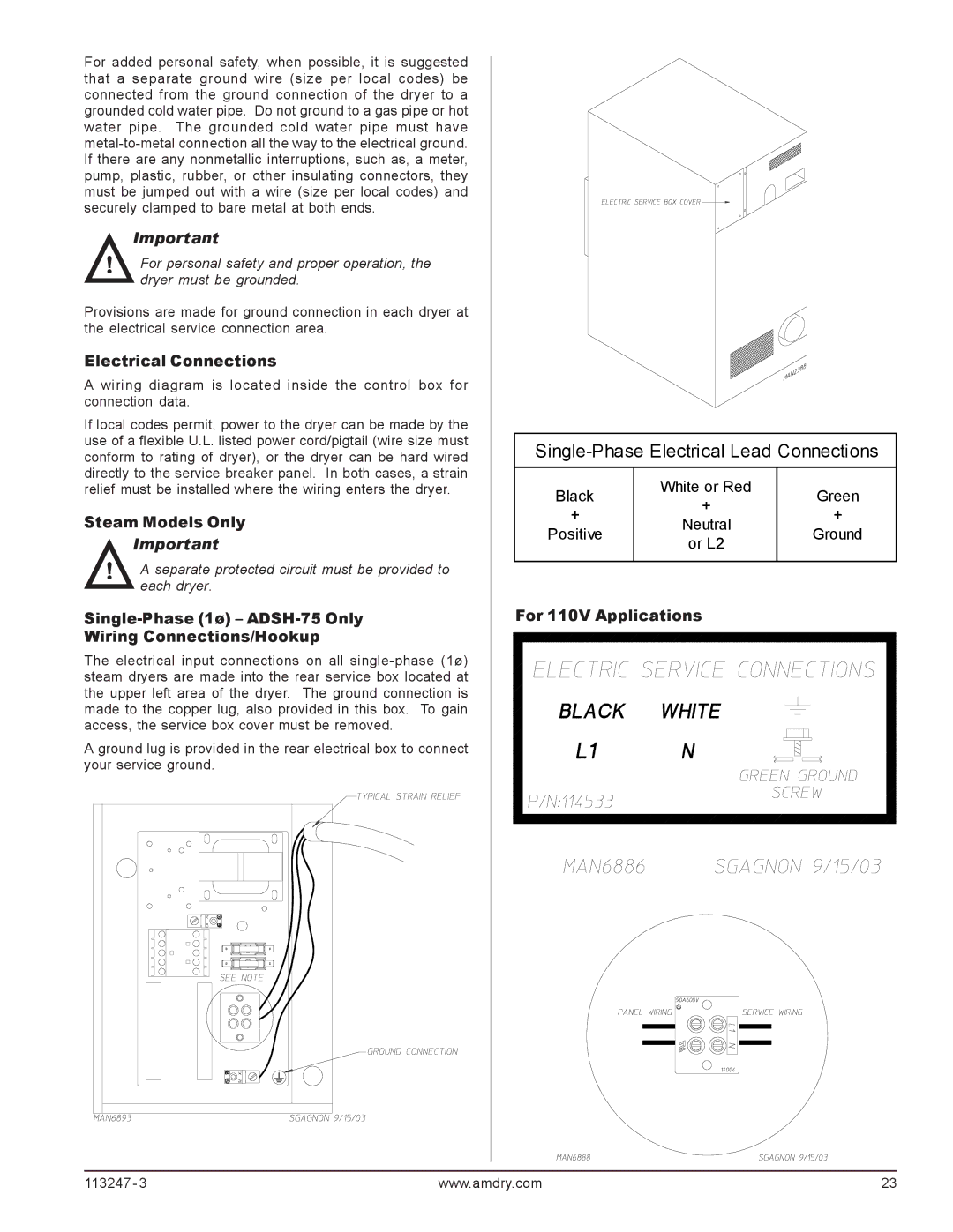 American Dryer Corp ADH-75, ADH-170, ADH-120 Electrical Connections, Steam Models Only, For 110V Applications 