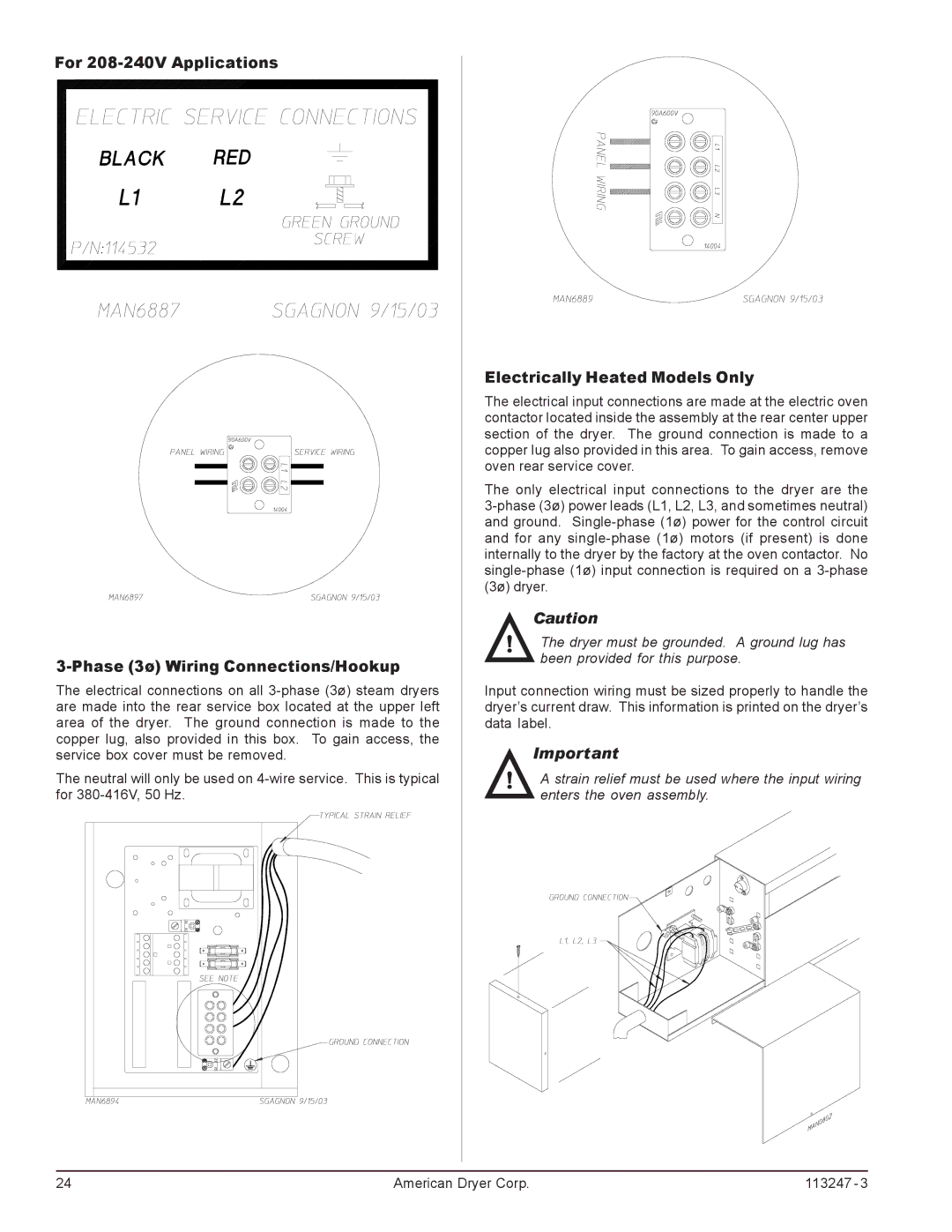 American Dryer Corp ADH-170 For 208-240V Applications, Phase 3ø Wiring Connections/Hookup, Electrically Heated Models Only 