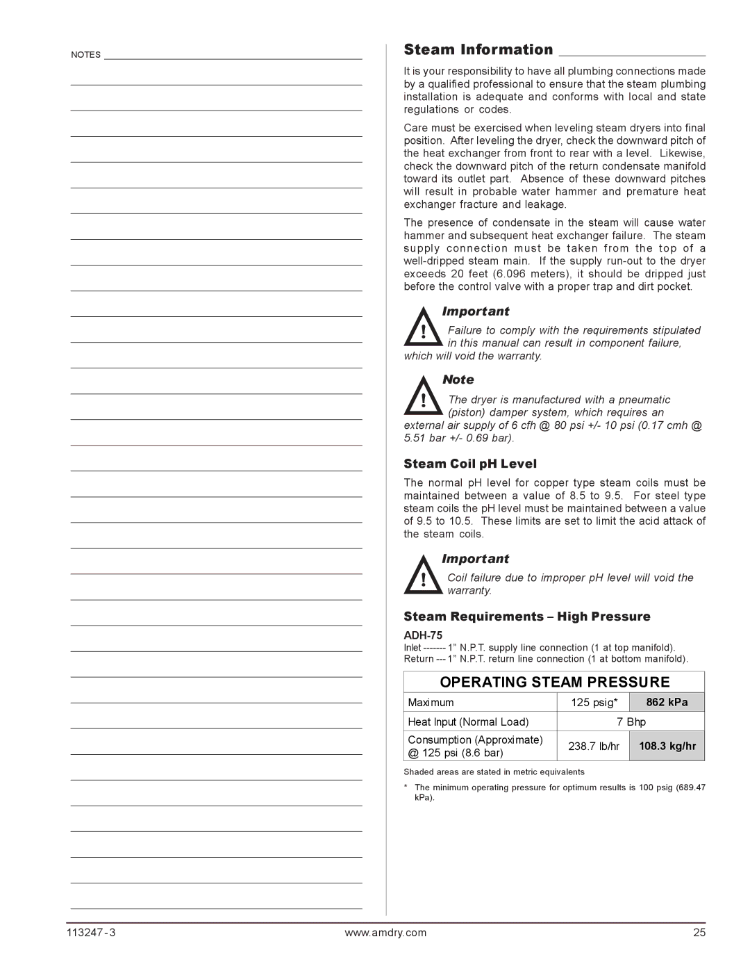 American Dryer Corp ADH-120, ADH-170, ADH-75 Steam Information, Steam Coil pH Level, Steam Requirements High Pressure 