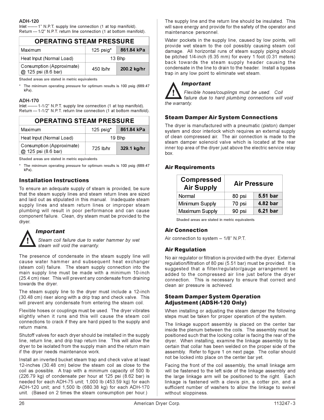 American Dryer Corp ADH-75 Installation Instructions, Steam Damper Air System Connections, Air Requirements, 51 bar 