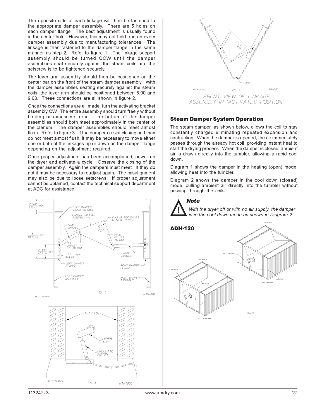 American Dryer Corp ADH-170, ADH-75 installation manual Steam Damper System Operation, ADH-120 