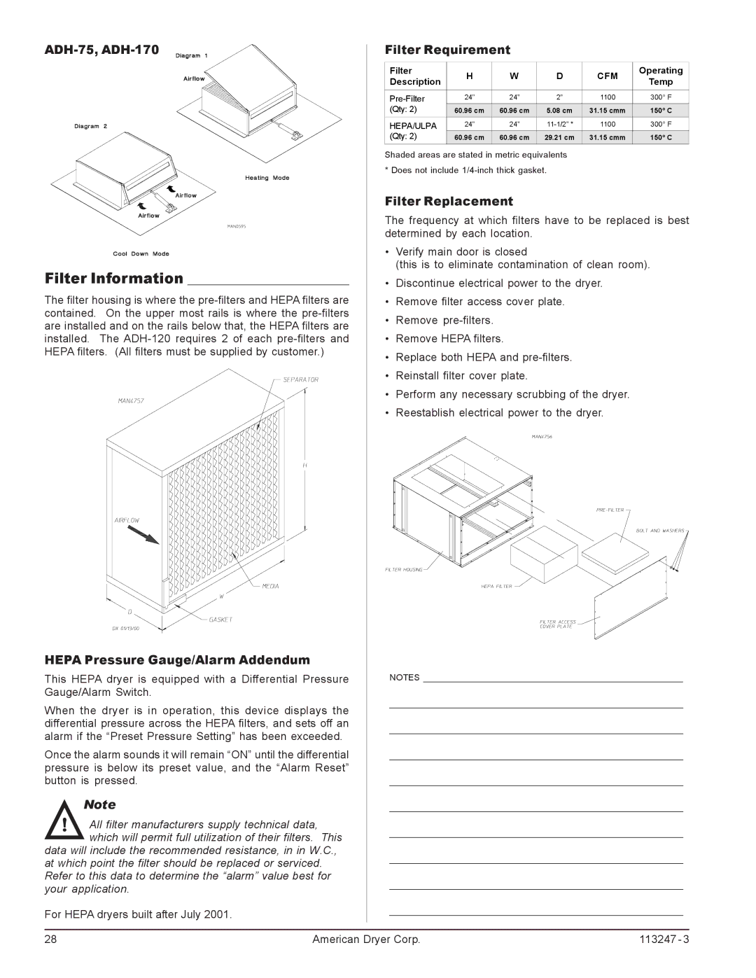 American Dryer Corp ADH-120 Filter Information, ADH-75, ADH-170, Hepa Pressure Gauge/Alarm Addendum, Filter Requirement 