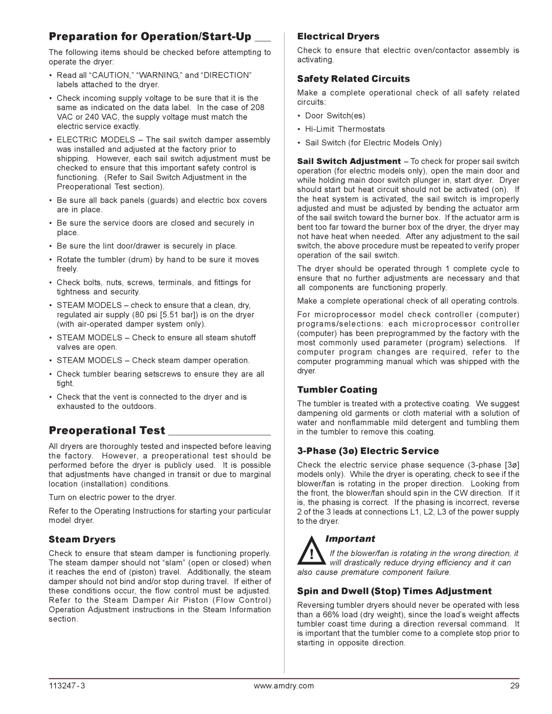 American Dryer Corp ADH-75, ADH-170, ADH-120 installation manual Preparation for Operation/Start-Up, Preoperational Test 