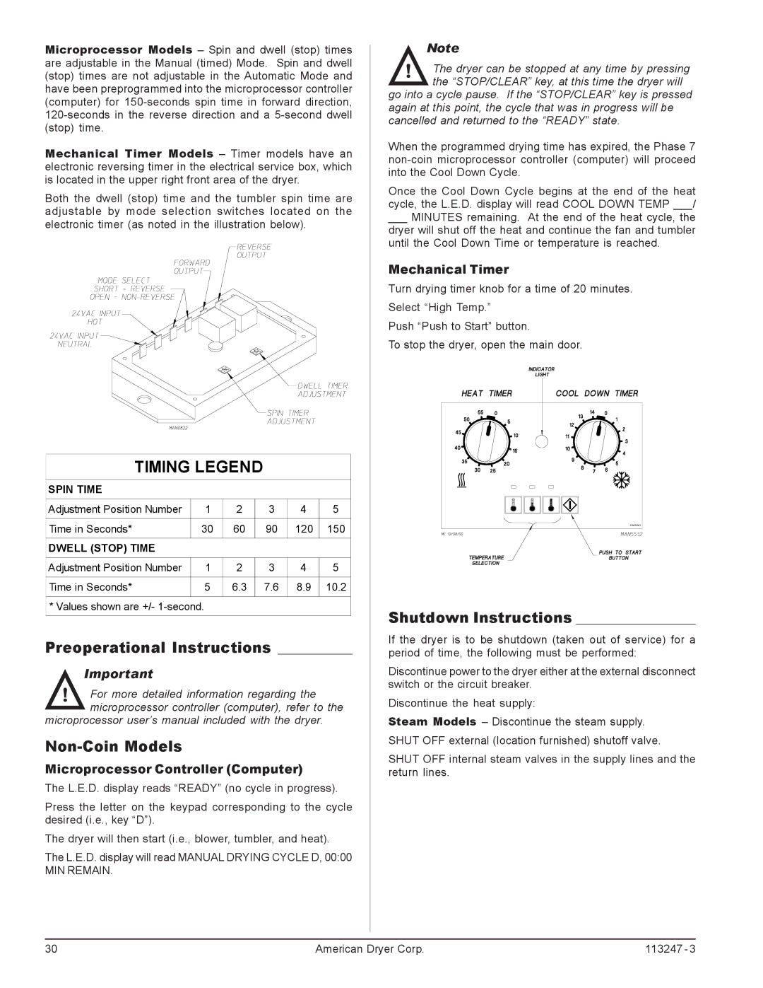 American Dryer Corp ADH-170, ADH-120 Preoperational Instructions, Non-Coin Models, Shutdown Instructions, Mechanical Timer 