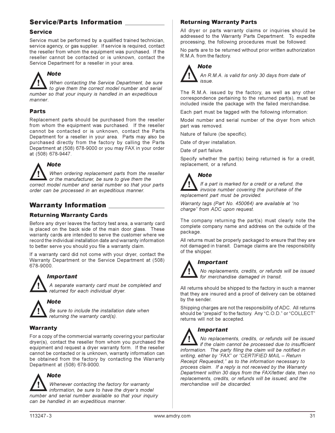 American Dryer Corp ADH-120, ADH-170, ADH-75 installation manual Service/Parts Information, Warranty Information 