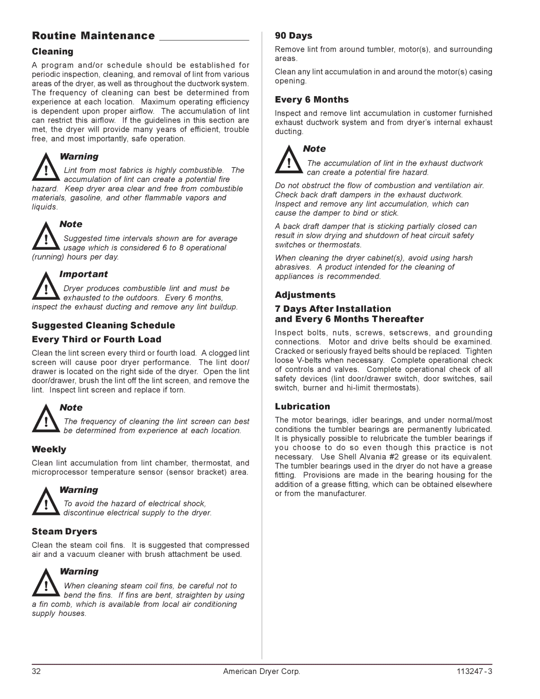 American Dryer Corp ADH-75, ADH-170, ADH-120 installation manual Routine Maintenance 