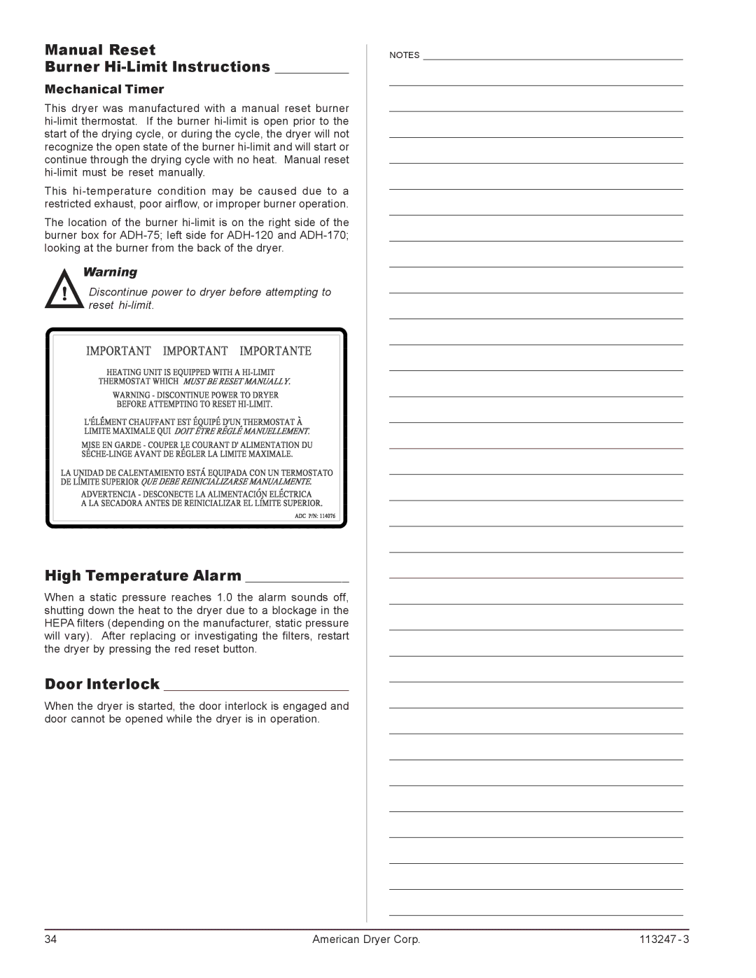 American Dryer Corp ADH-120, ADH-170 Manual Reset Burner Hi-Limit Instructions, High Temperature Alarm, Door Interlock 