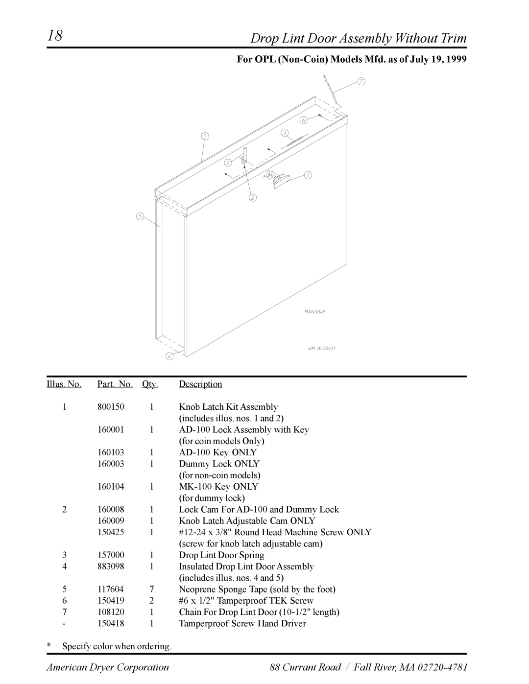 American Dryer Corp ADS-30S manual Drop Lint Door Assembly Without Trim 