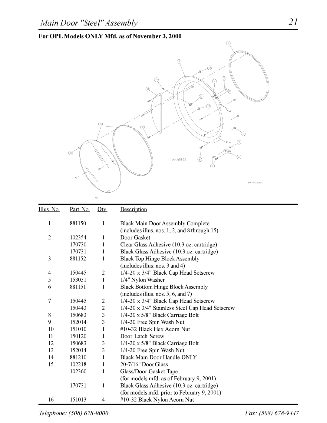 American Dryer Corp ADS-30S manual Main Door Steel Assembly, For OPL Models only Mfd. as of November 3 