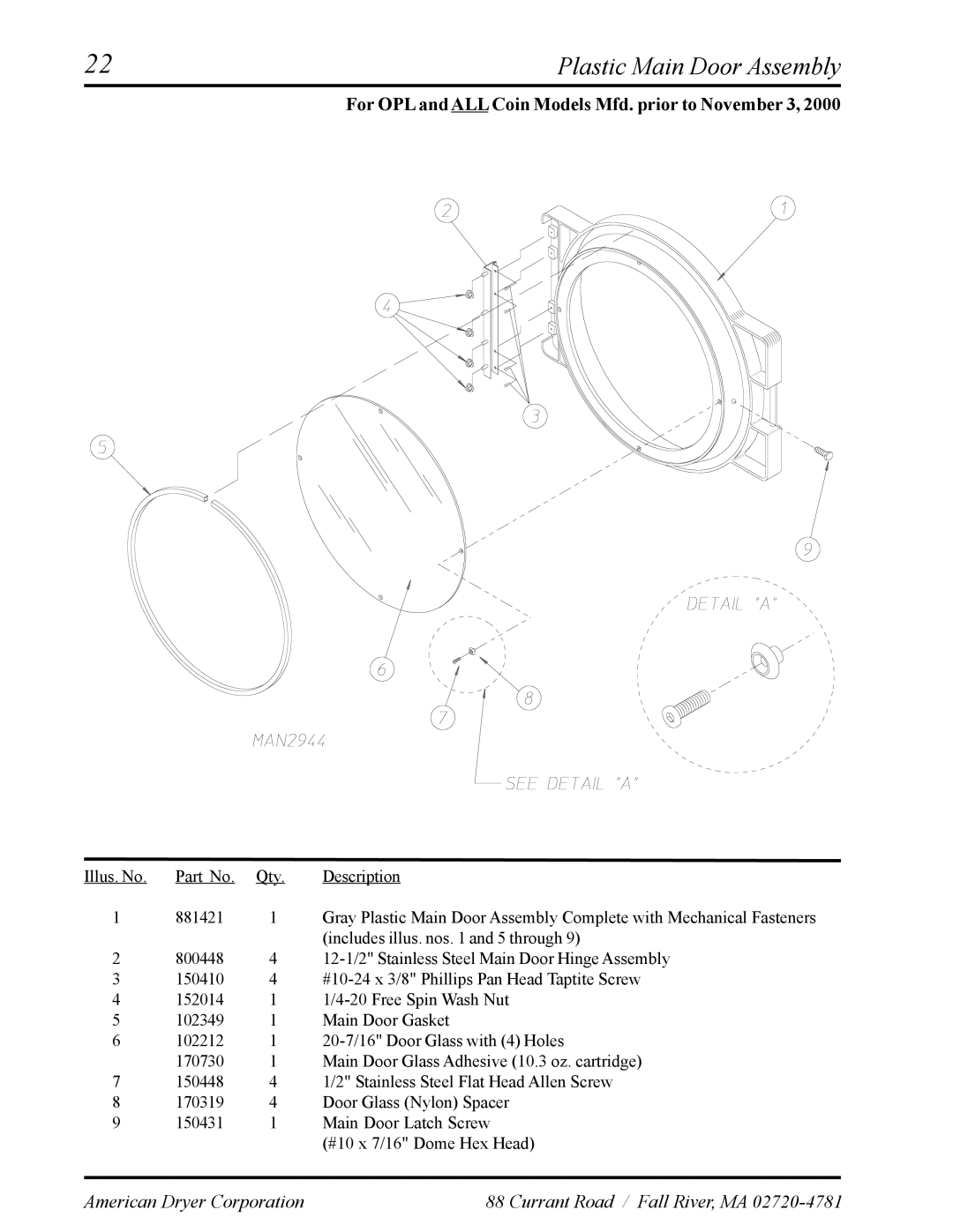 American Dryer Corp ADS-30S manual Plastic Main Door Assembly, For OPL and ALL Coin Models Mfd. prior to November 3 