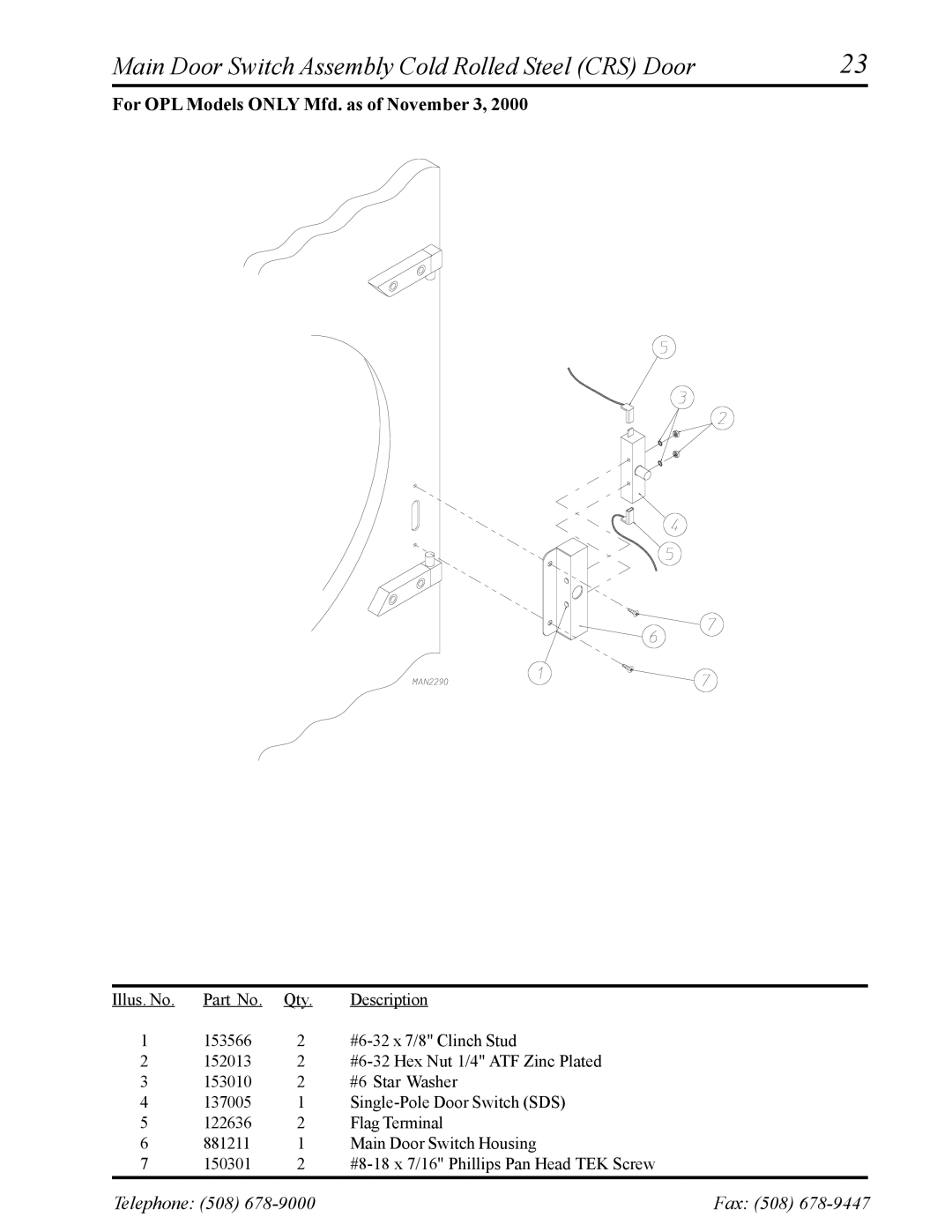 American Dryer Corp ADS-30S manual Main Door Switch Assembly Cold Rolled Steel CRS Door 