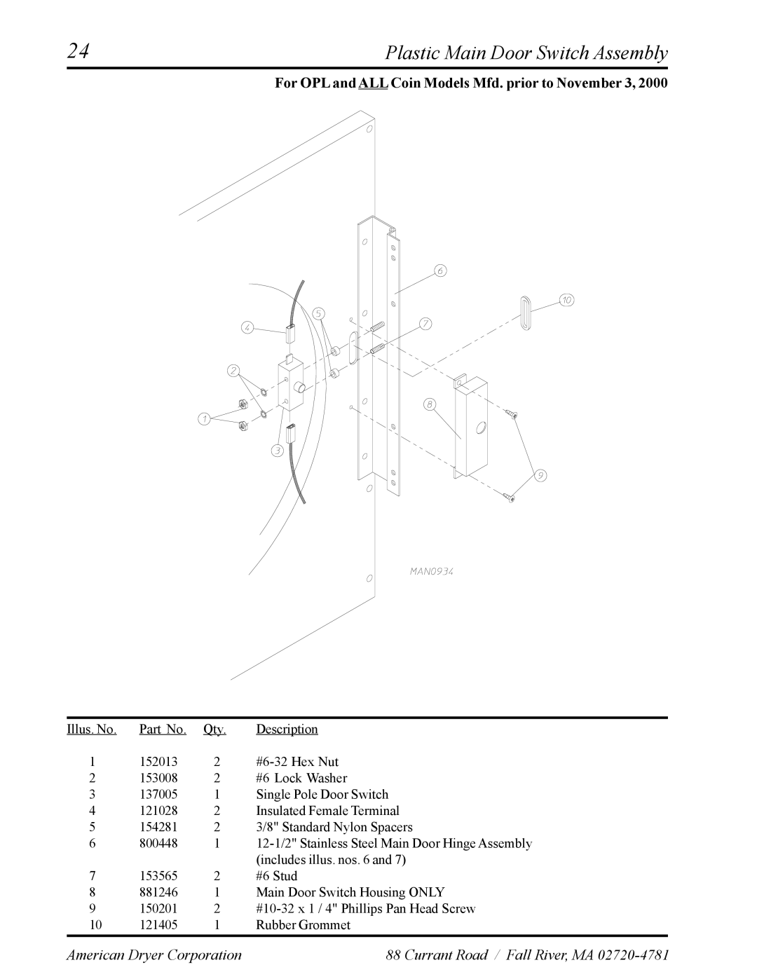 American Dryer Corp ADS-30S manual Plastic Main Door Switch Assembly 