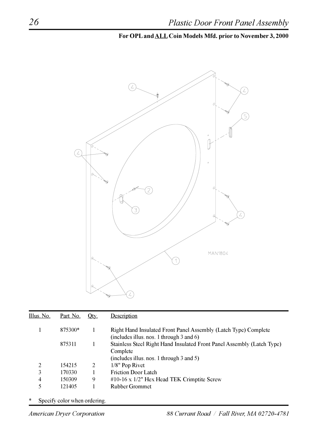 American Dryer Corp ADS-30S manual Plastic Door Front Panel Assembly 