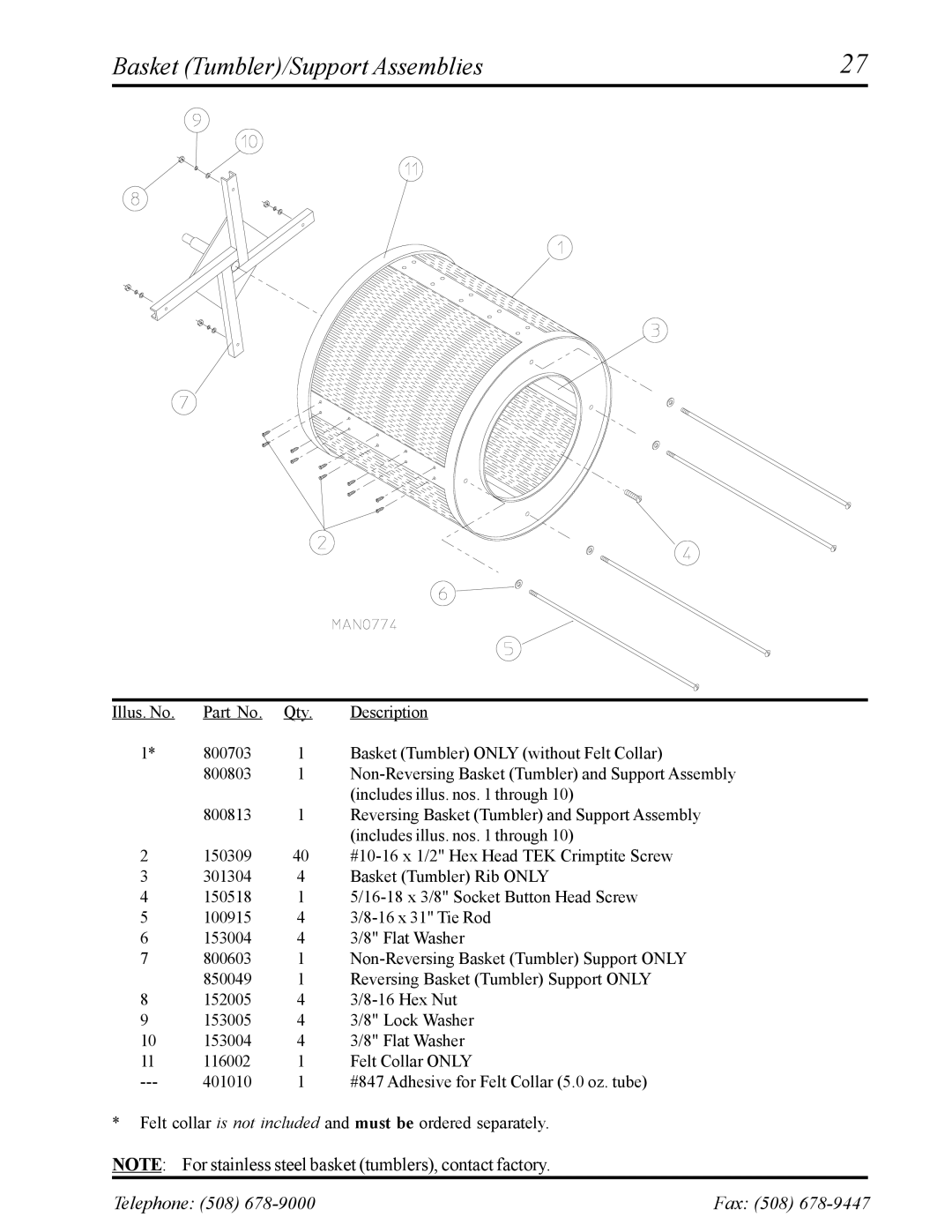 American Dryer Corp ADS-30S manual Basket Tumbler/Support Assemblies 