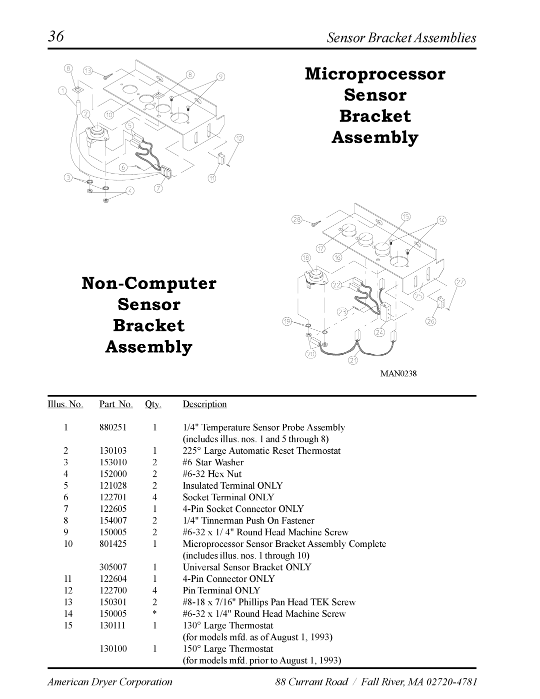 American Dryer Corp ADS-30S manual Microprocessor Sensor Bracket Assembly Non-Computer, Sensor Bracket Assemblies 