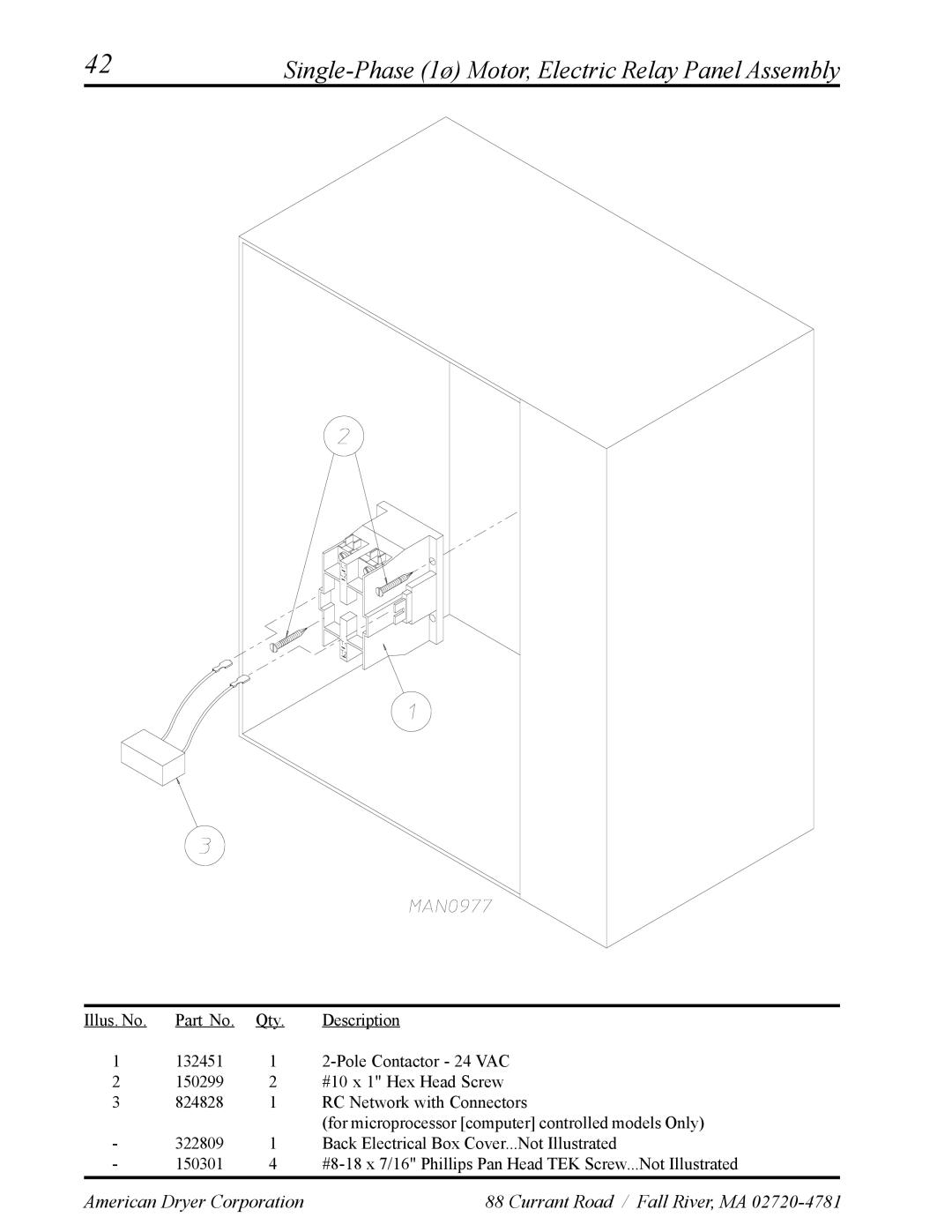 American Dryer Corp ADS-30S manual Single-Phase 1ø Motor, Electric Relay Panel Assembly 