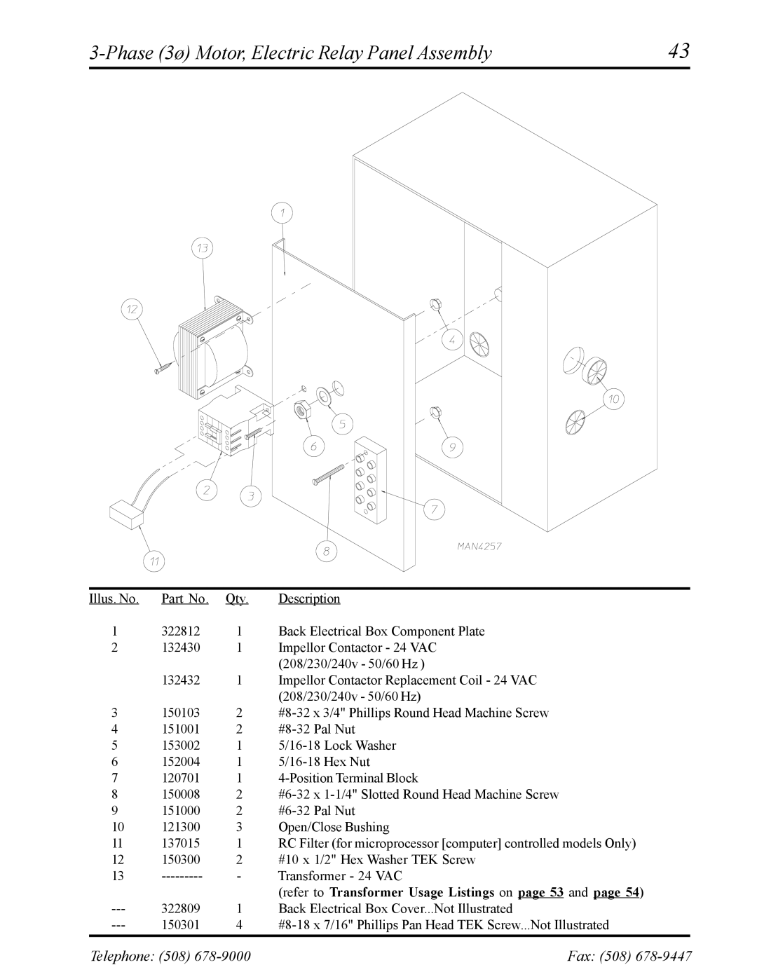 American Dryer Corp ADS-30S Phase 3ø Motor, Electric Relay Panel Assembly, Refer to Transformer Usage Listings on page 53 