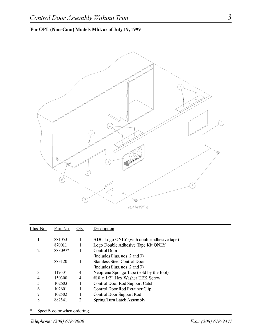 American Dryer Corp ADS-30S manual Control Door Assembly Without Trim, For OPL Non-Coin Models Mfd. as of July 19 