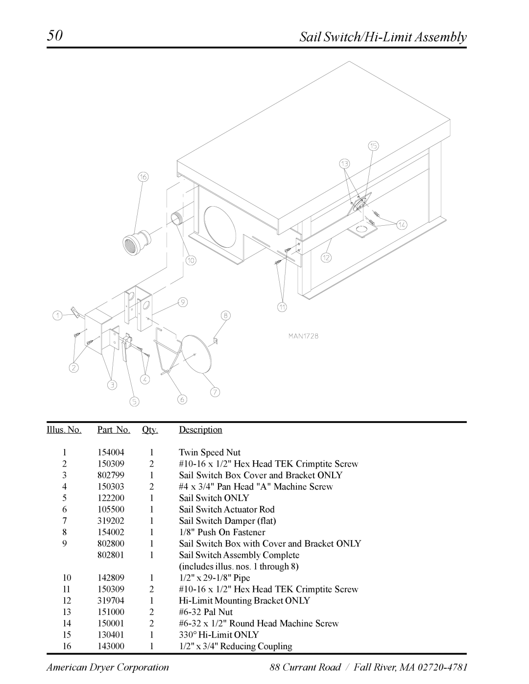 American Dryer Corp ADS-30S manual Sail Switch/Hi-Limit Assembly 