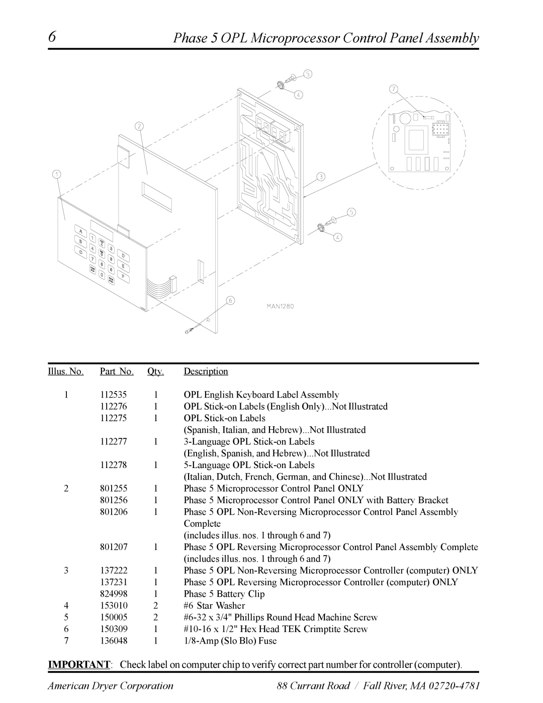 American Dryer Corp ADS-30S manual Phase 5 OPL Microprocessor Control Panel Assembly 