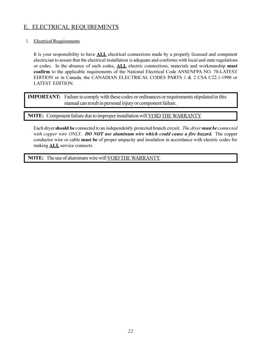 American Dryer Corp ADS-464 II manual Electrical Requirements, Latest Edition 