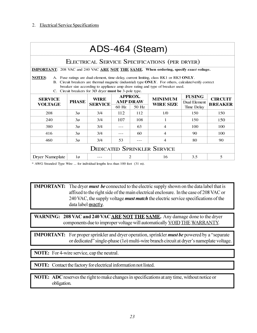 American Dryer Corp ADS-464 II manual ADS-464 Steam, Electrical Service Specifications 