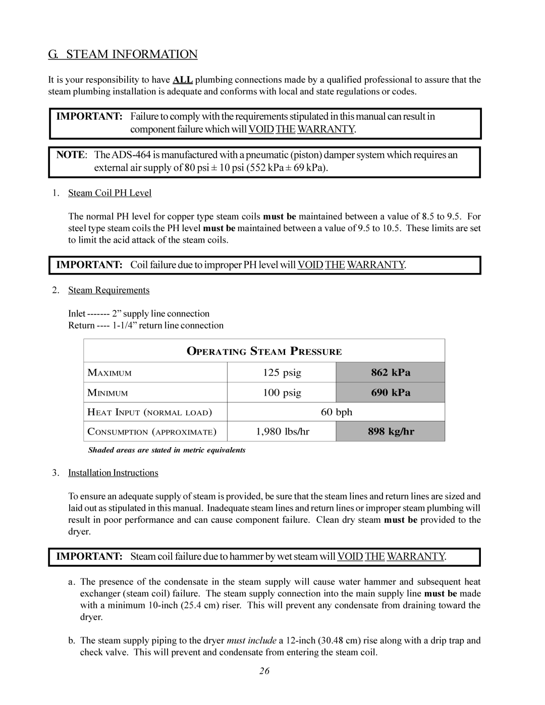 American Dryer Corp ADS-464 II manual Steam Information, Steam Requirements 