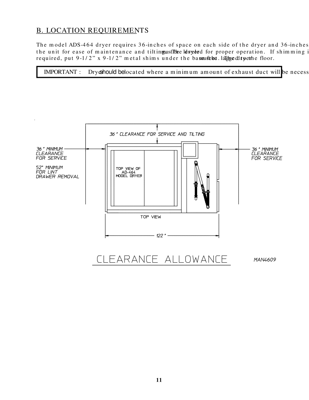 American Dryer Corp ADS-464 manual Location Requirements 