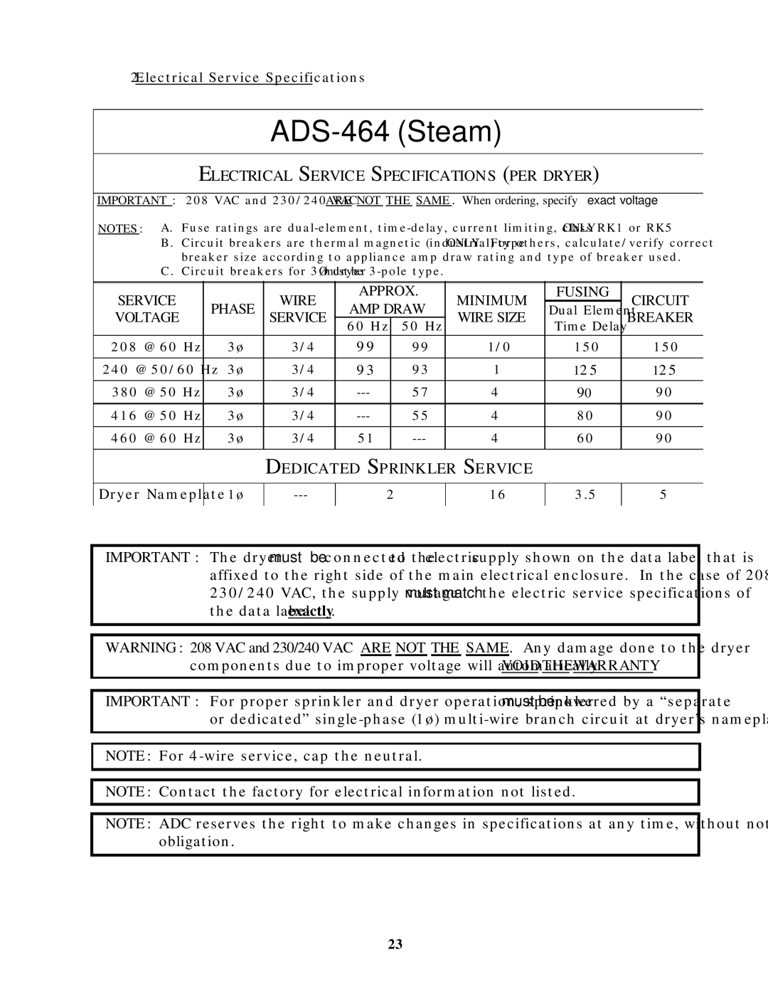 American Dryer Corp ADS-464 manual Electrical Service Specifications PER Dryer, Dedicated Sprinkler Service 