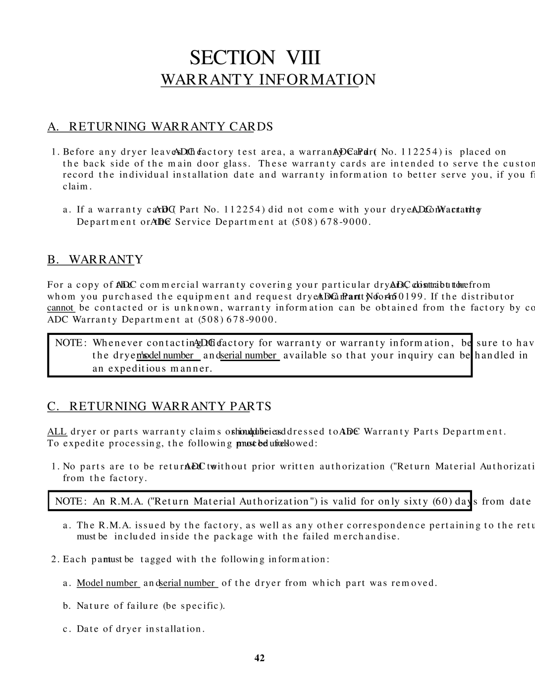 American Dryer Corp ADS-464 manual Warranty Information, Returning Warranty Cards, Returning Warranty Parts 