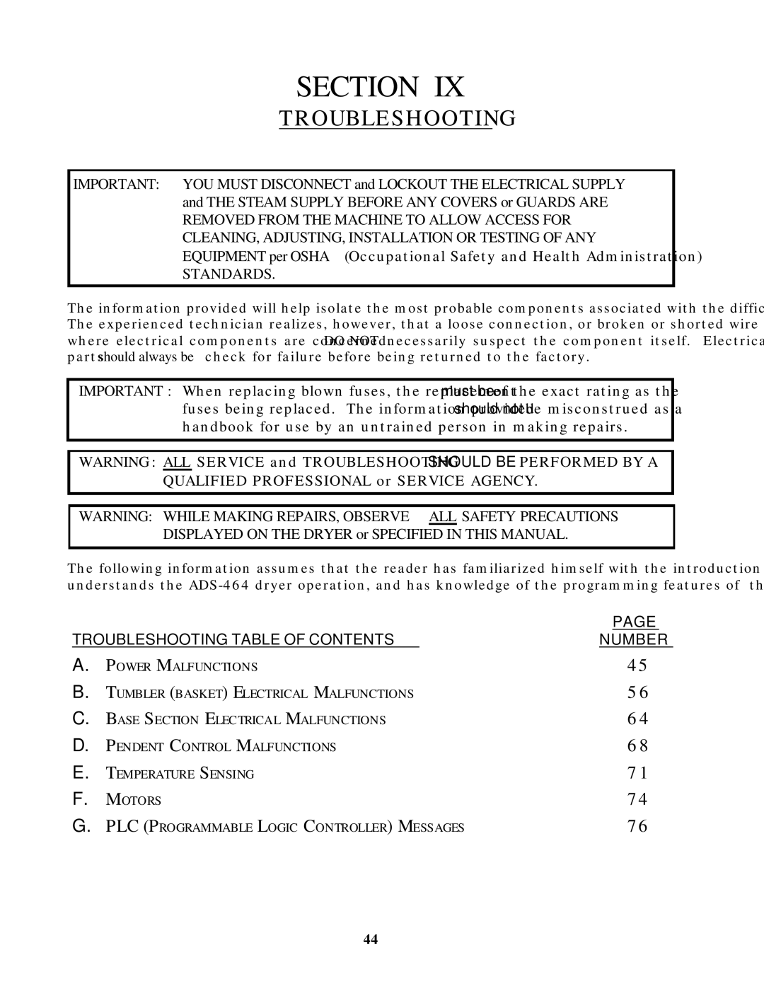 American Dryer Corp ADS-464 manual Troubleshooting, Standards 