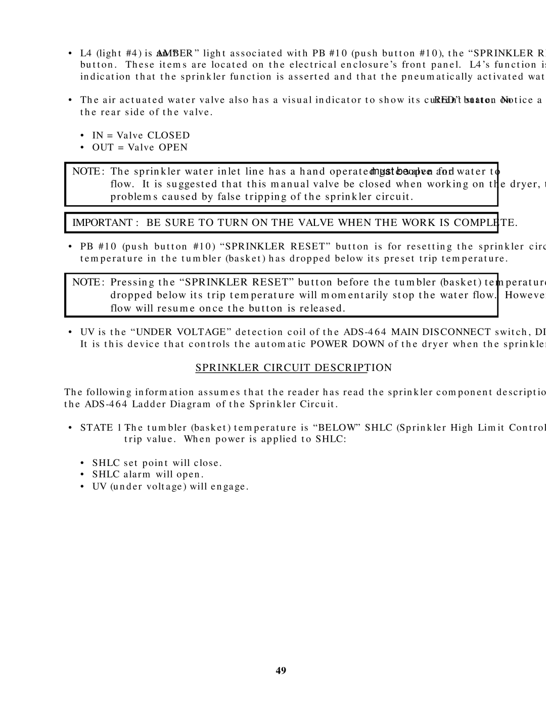 American Dryer Corp ADS-464 manual Sprinkler Circuit Description 