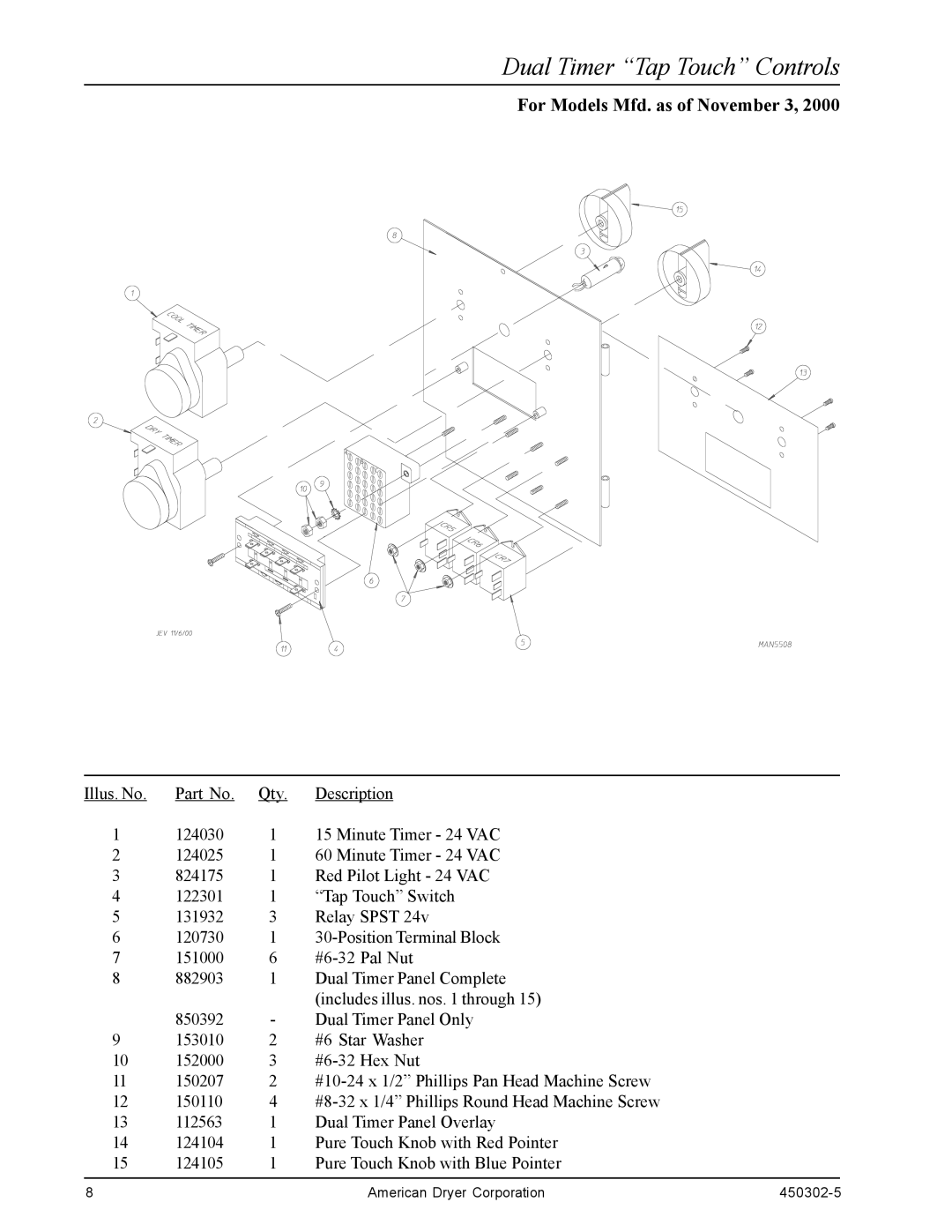 American Dryer Corp Super AD-50, ADS-50S, ADG-50DS manual Dual Timer Tap Touch Controls, For Models Mfd. as of November 3 