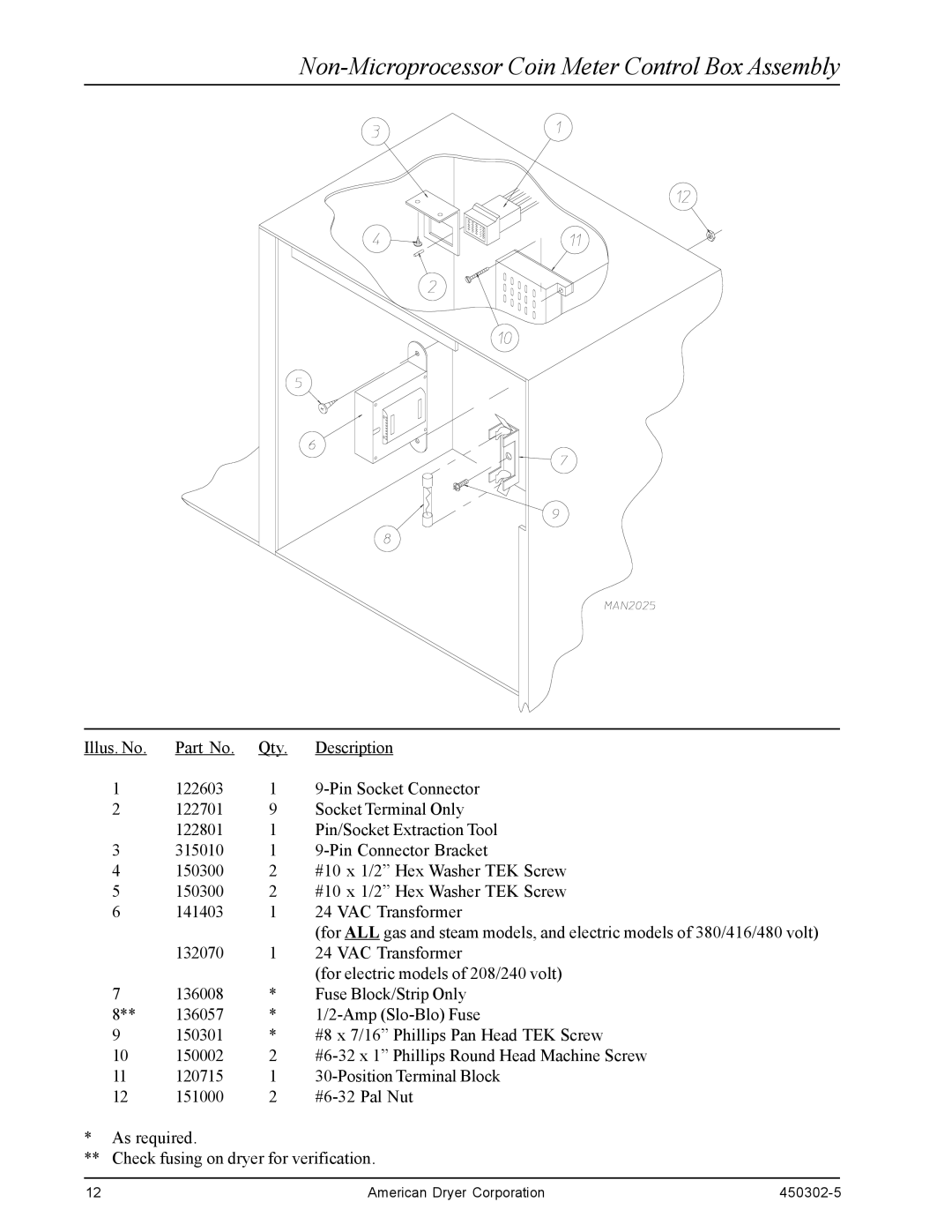 American Dryer Corp ADG-50DS, ADS-50S, Super AD-50 manual Non-Microprocessor Coin Meter Control Box Assembly 