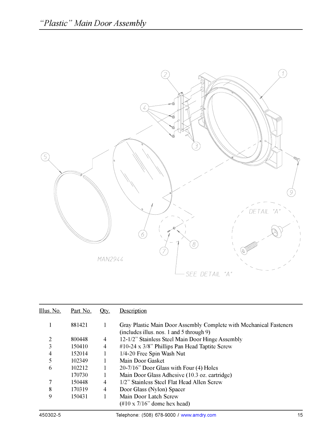 American Dryer Corp ADG-50DS, ADS-50S, Super AD-50 manual Plastic Main Door Assembly 