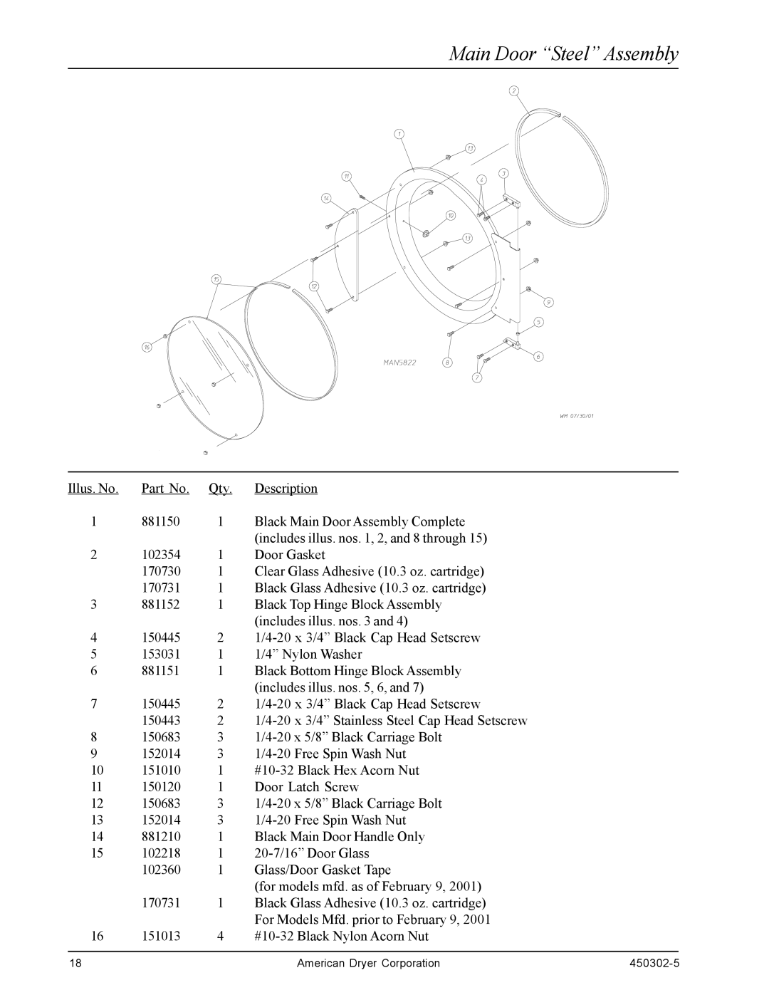 American Dryer Corp ADG-50DS, ADS-50S, Super AD-50 manual Main Door Steel Assembly 