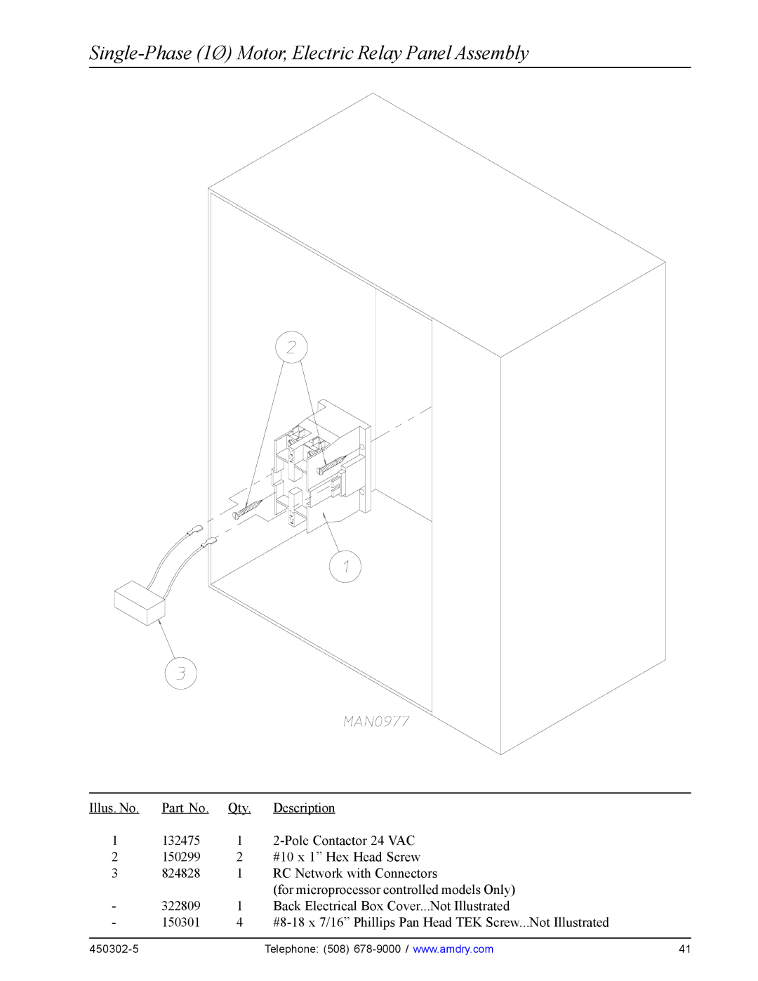 American Dryer Corp Super AD-50, ADS-50S, ADG-50DS manual Single-Phase 1Ø Motor, Electric Relay Panel Assembly 