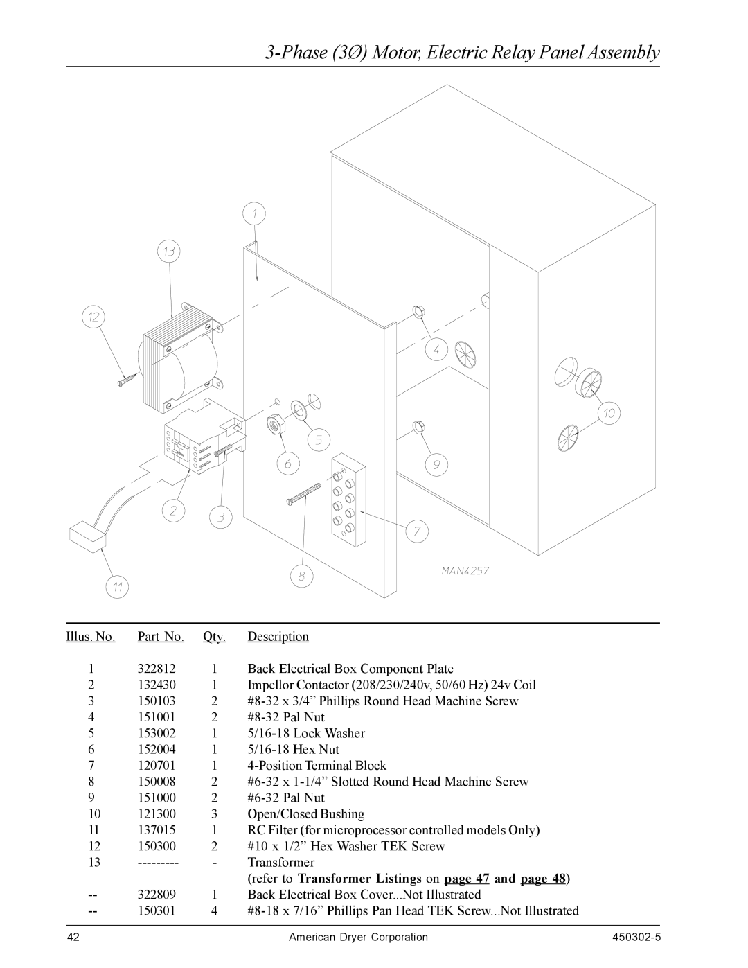 American Dryer Corp ADG-50DS manual Phase 3Ø Motor, Electric Relay Panel Assembly, Refer to Transformer Listings on page 47 