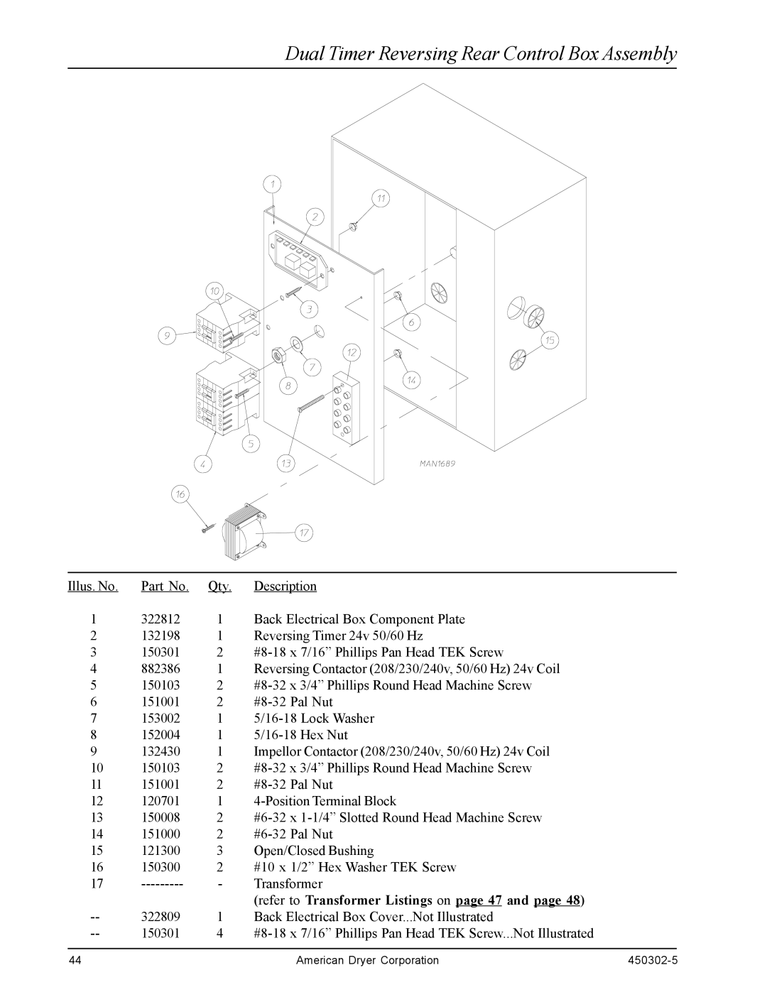 American Dryer Corp Super AD-50, ADS-50S, ADG-50DS manual Dual Timer Reversing Rear Control Box Assembly 