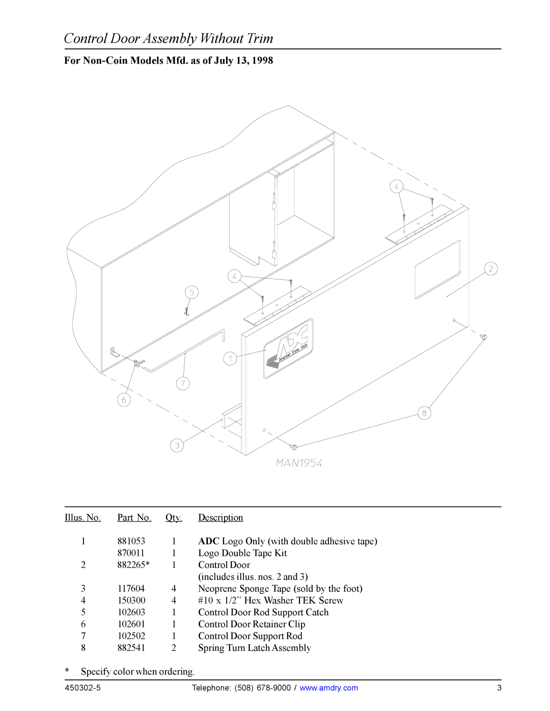 American Dryer Corp ADG-50DS, ADS-50S manual Control Door Assembly Without Trim, For Non-Coin Models Mfd. as of July 13 