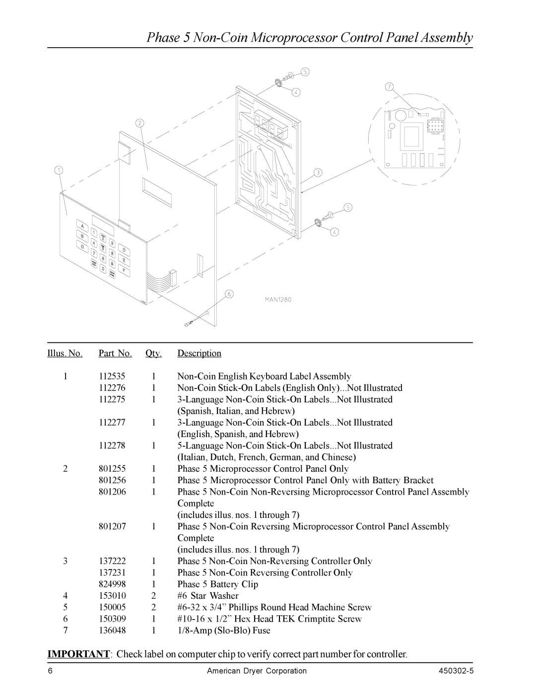 American Dryer Corp ADG-50DS, ADS-50S, Super AD-50 manual Phase 5 Non-Coin Microprocessor Control Panel Assembly 