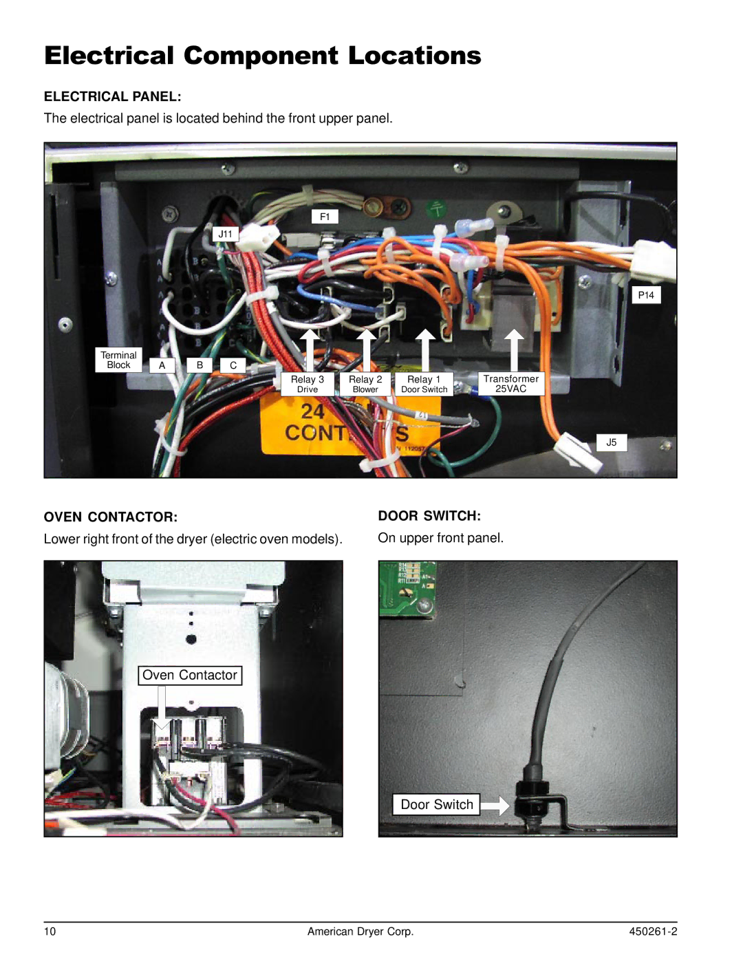 American Dryer Corp CG20, D20, SL20, STI-8 manual Electrical Component Locations, Electrical Panel, Oven Contactor Door Switch 