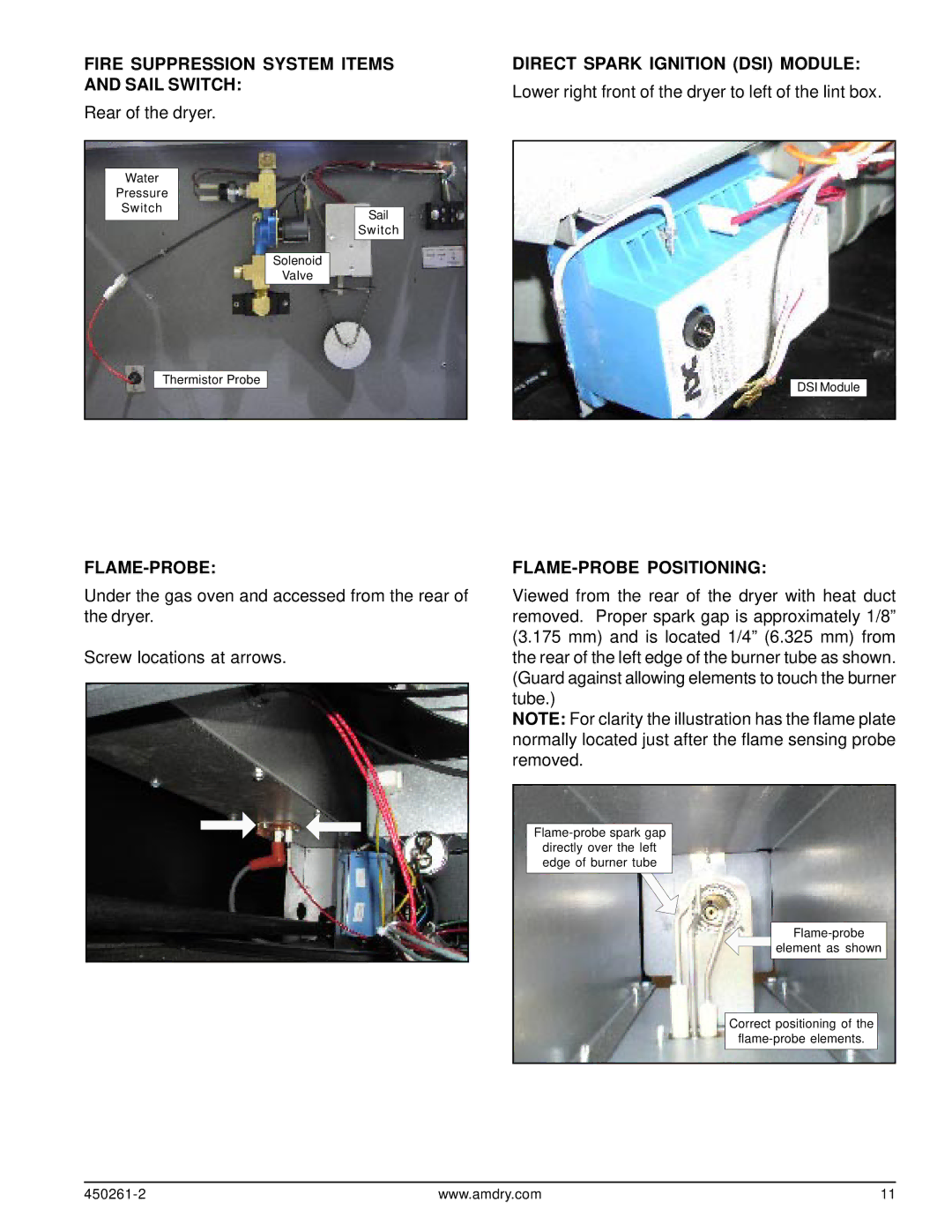 American Dryer Corp D20, CG20 Fire Suppression System Items and Sail Switch, Direct Spark Ignition DSI Module, Flame-Probe 