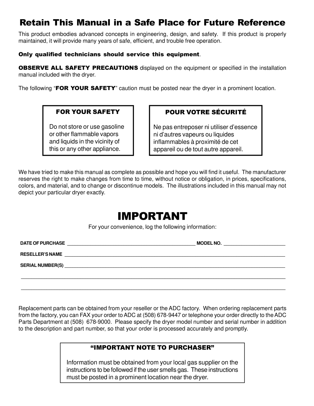 American Dryer Corp SL20, CG20, D20, STI-8, AD-20 manual Retain This Manual in a Safe Place for Future Reference 