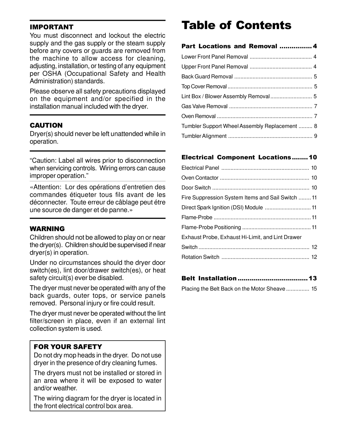 American Dryer Corp STI-8, CG20, D20, SL20, AD-20 manual Table of Contents 