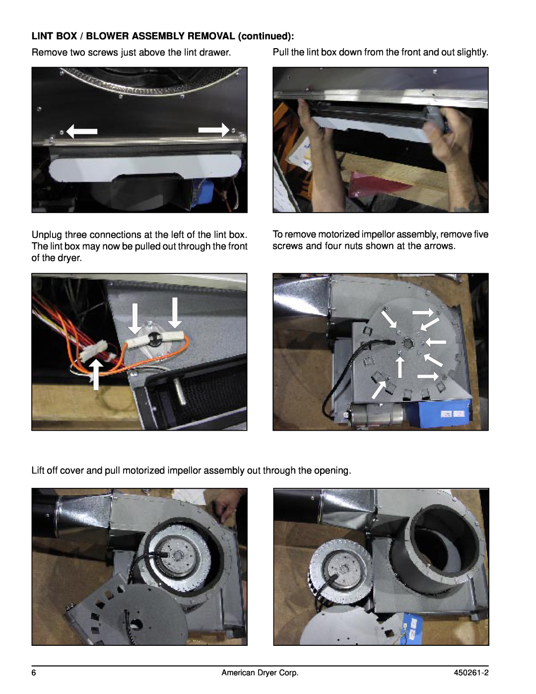 American Dryer Corp D20, CG20, SL20, STI-8, AD-20 manual LINT BOX / BLOWER ASSEMBLY REMOVAL continued 
