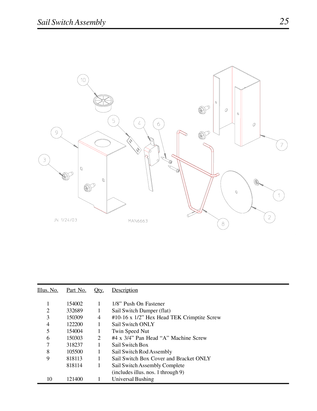 American Dryer Corp SL20, CG20 manual Sail Switch Assembly 