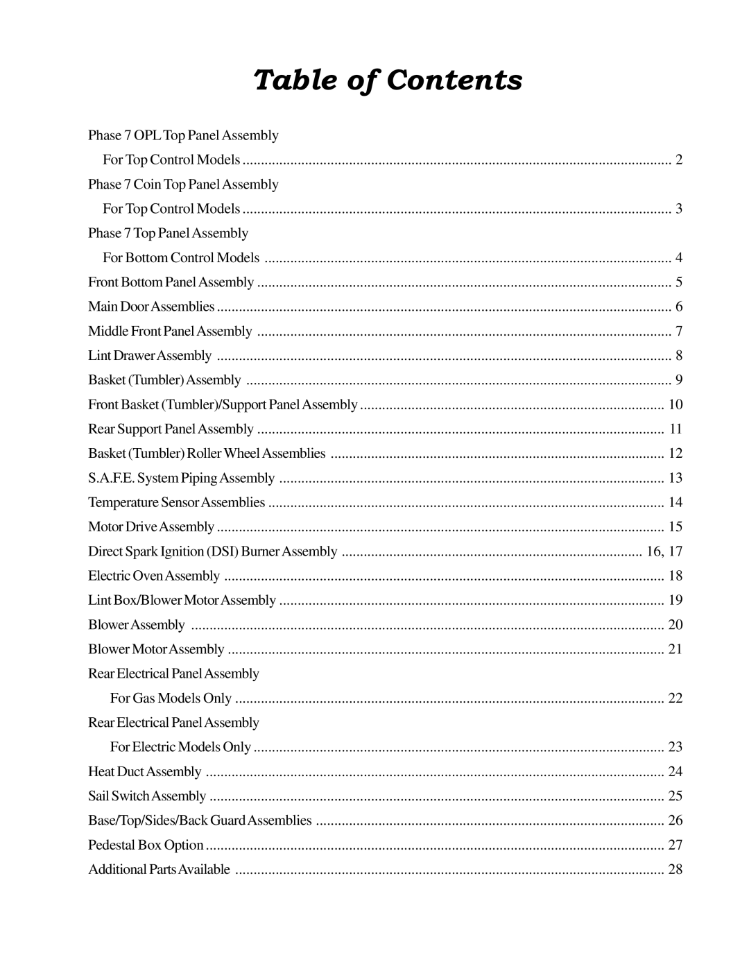 American Dryer Corp SL20, CG20 manual Table of Contents 