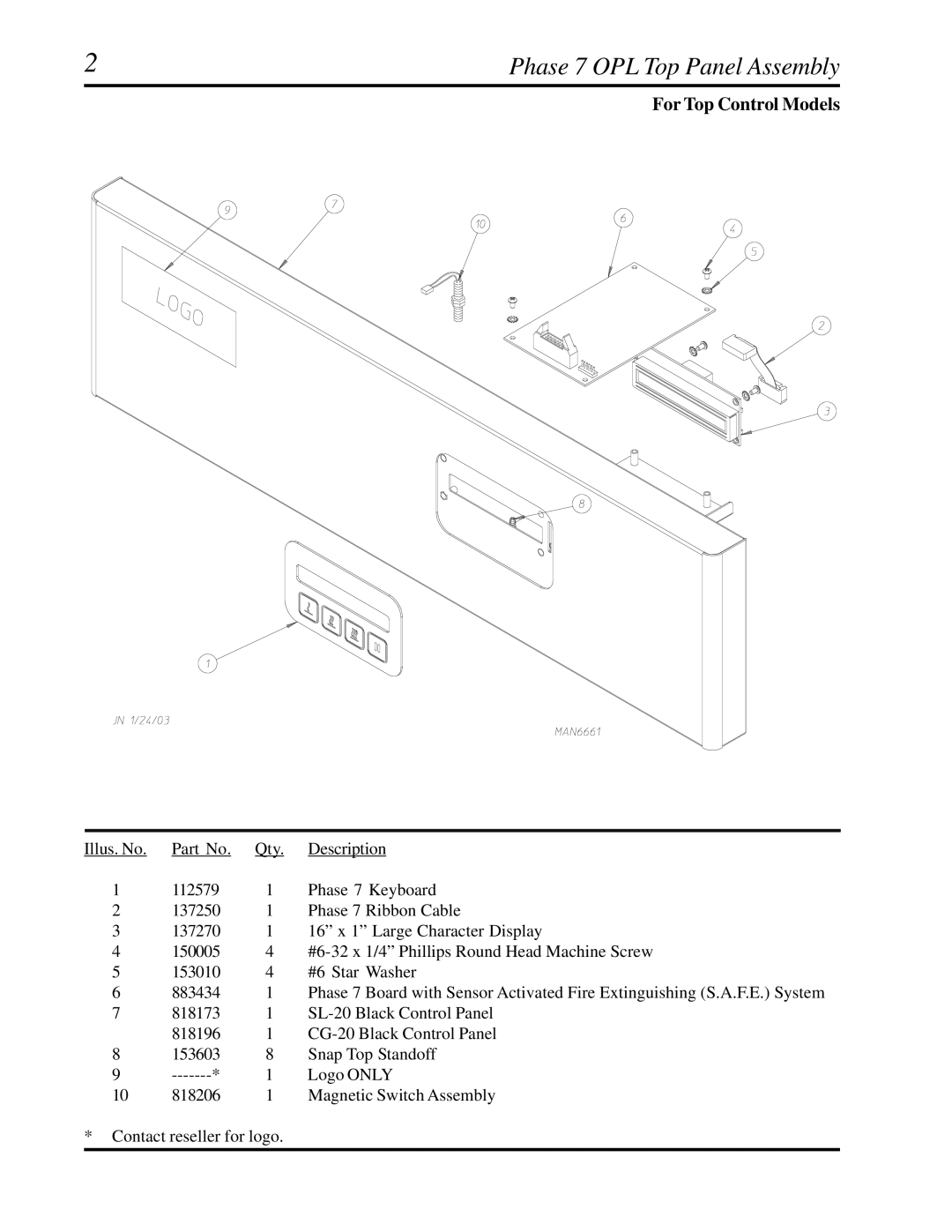 American Dryer Corp CG20, SL20 manual Phase 7 OPL Top Panel Assembly, For Top Control Models 