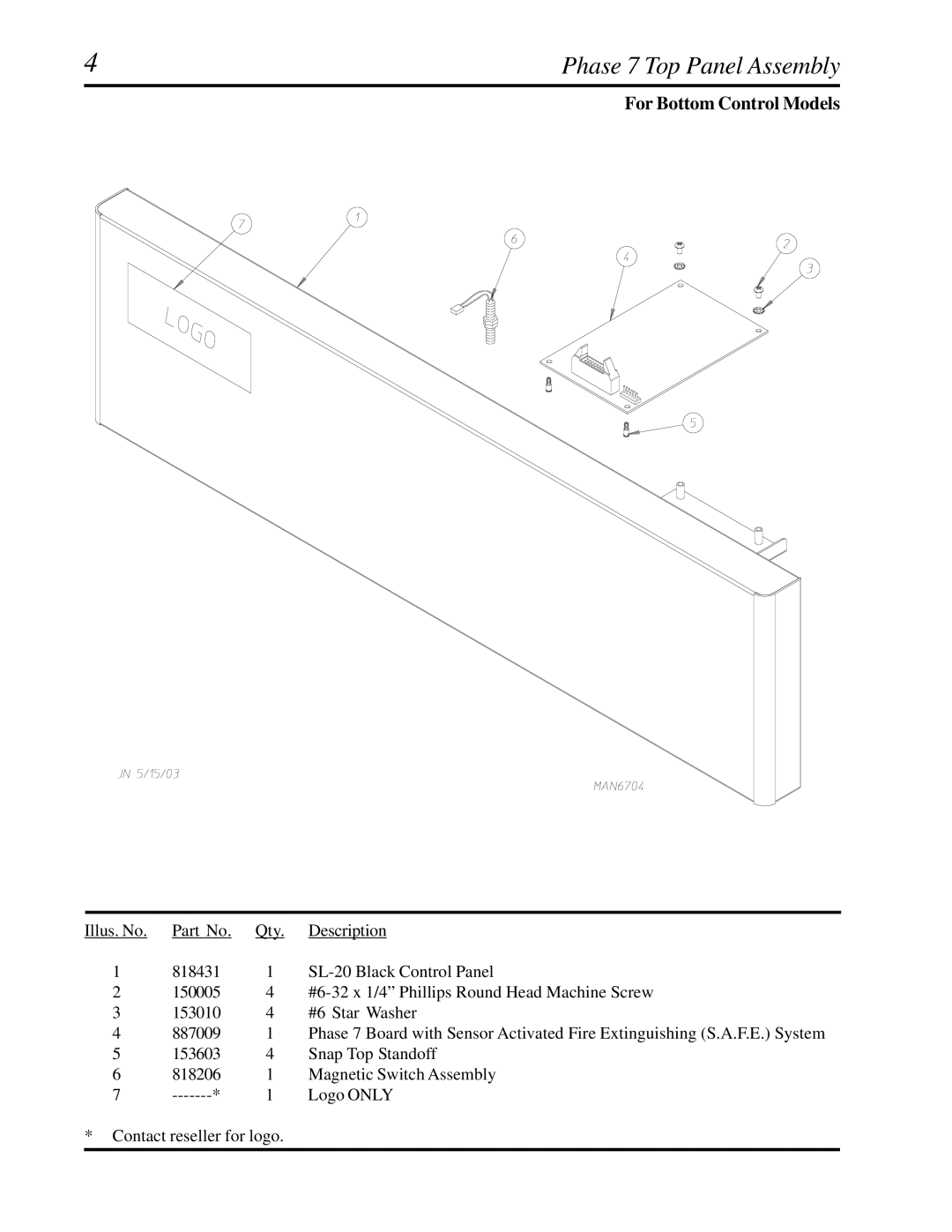 American Dryer Corp CG20, SL20 manual Phase 7 Top Panel Assembly, For Bottom Control Models 